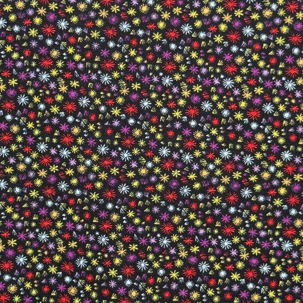Multicolor Micro Starbursts Floral on Black Cotton Fabric - Remanent 7/8 Yard